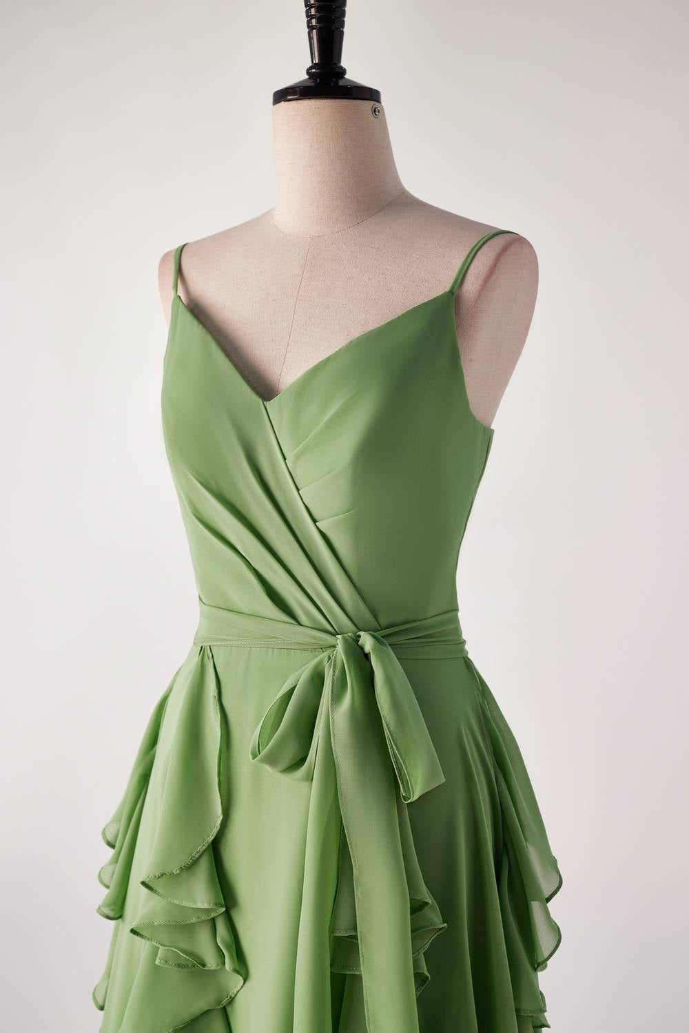 Matcha Green Spaghetti Strap Ruffle Long Bridesmaid Dresses