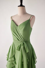 Matcha Green Spaghetti Strap Ruffle Long Bridesmaid Dresses