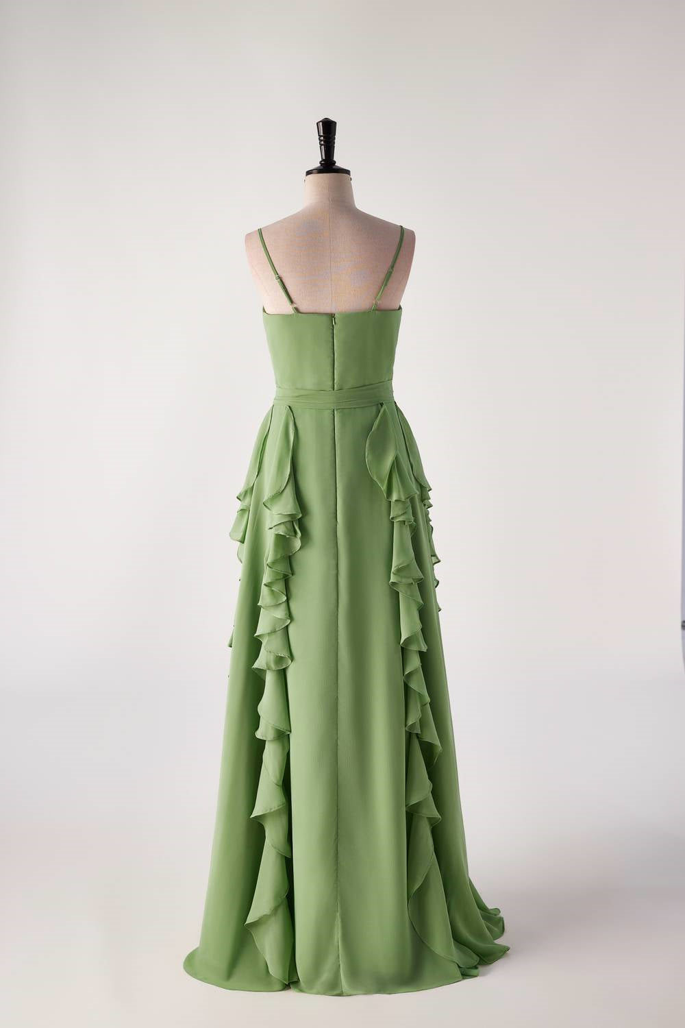 Matcha Green Spaghetti Strap Ruffle Long Bridesmaid Dresses