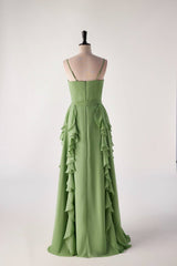 Matcha Green Spaghetti Strap Ruffle Long Bridesmaid Dresses