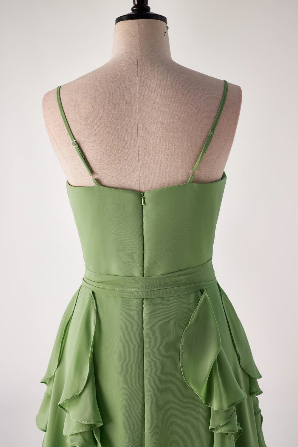 Matcha Green Spaghetti Strap Ruffle Long Bridesmaid Dresses