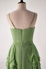 Matcha Green Spaghetti Strap Ruffle Long Bridesmaid Dresses