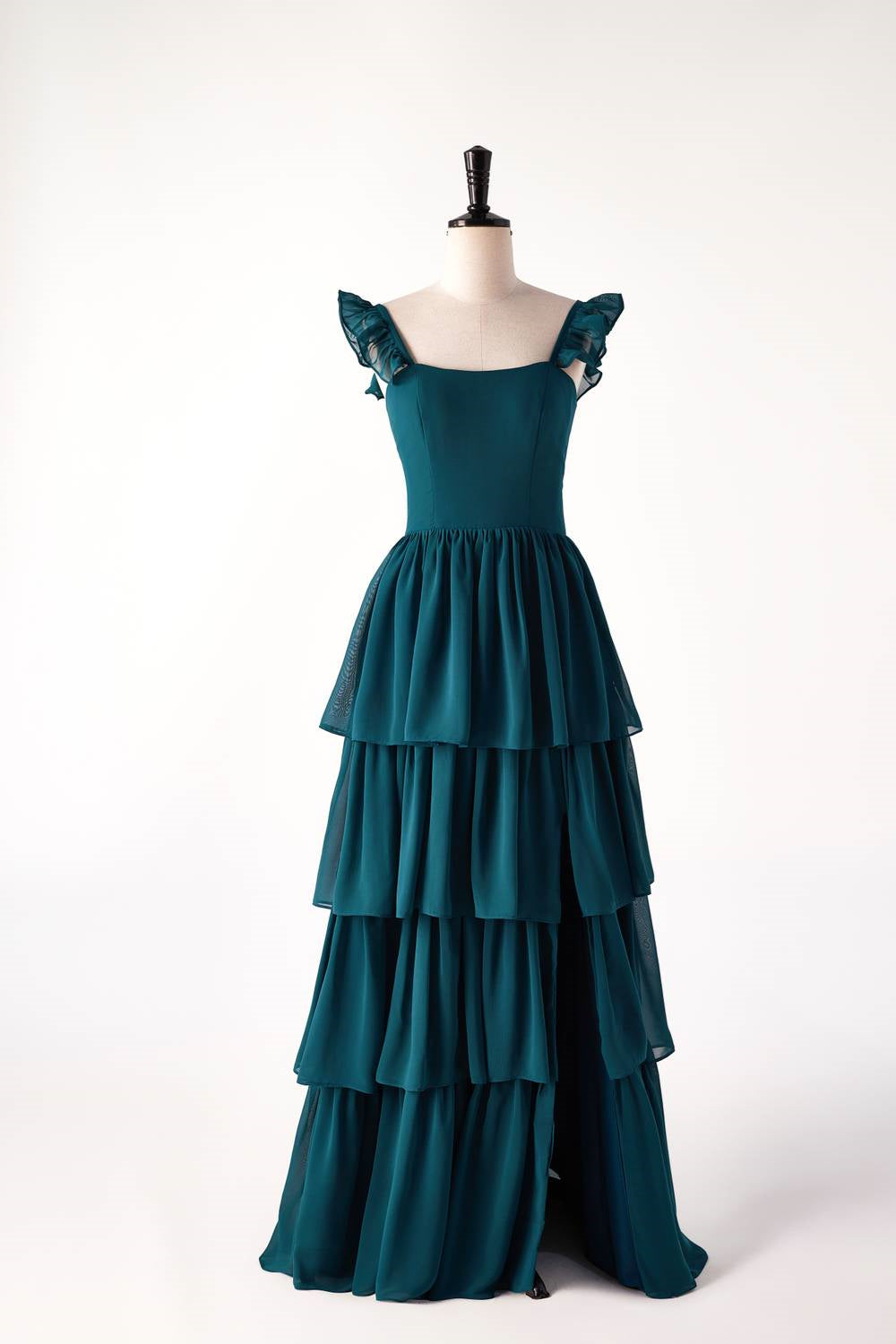 Dark Teal A-line Cap Sleeve Tiered Ball Gown with Slit