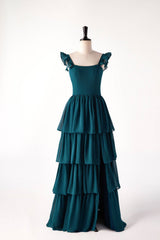 Dark Teal A-line Cap Sleeve Tiered Ball Gown with Slit