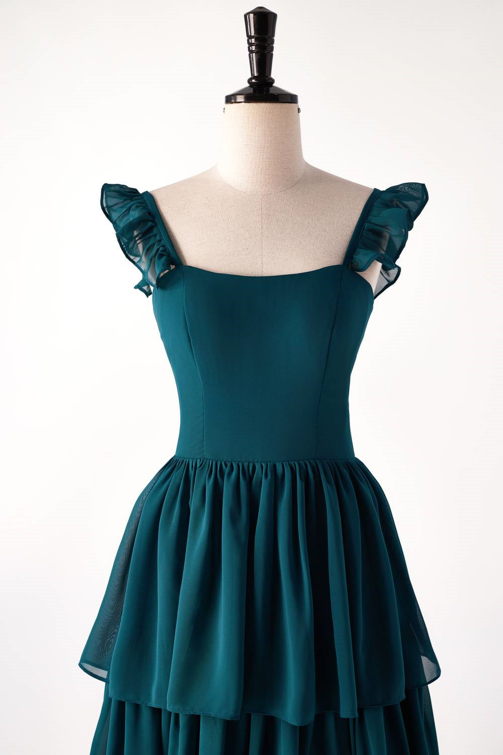 Dark Teal A-line Cap Sleeve Tiered Ball Gown with Slit