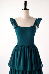 Dark Teal A-line Cap Sleeve Tiered Ball Gown with Slit