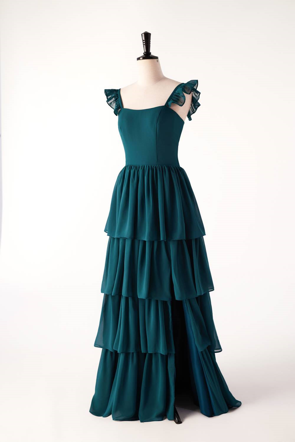 Dark Teal A-line Cap Sleeve Tiered Ball Gown with Slit