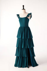 Dark Teal A-line Cap Sleeve Tiered Ball Gown with Slit