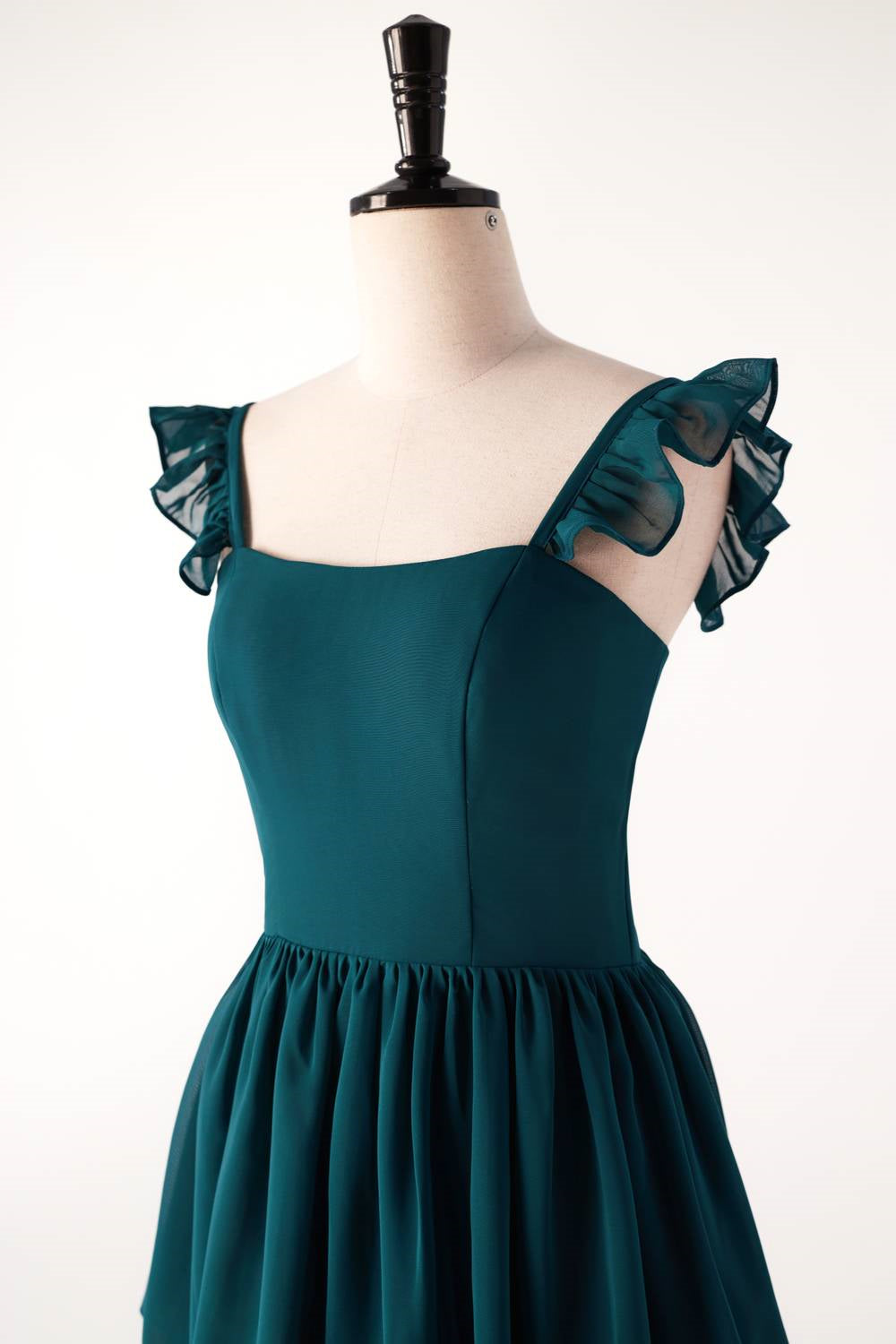 Dark Teal A-line Cap Sleeve Tiered Ball Gown with Slit