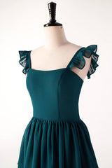 Dark Teal A-line Cap Sleeve Tiered Ball Gown with Slit
