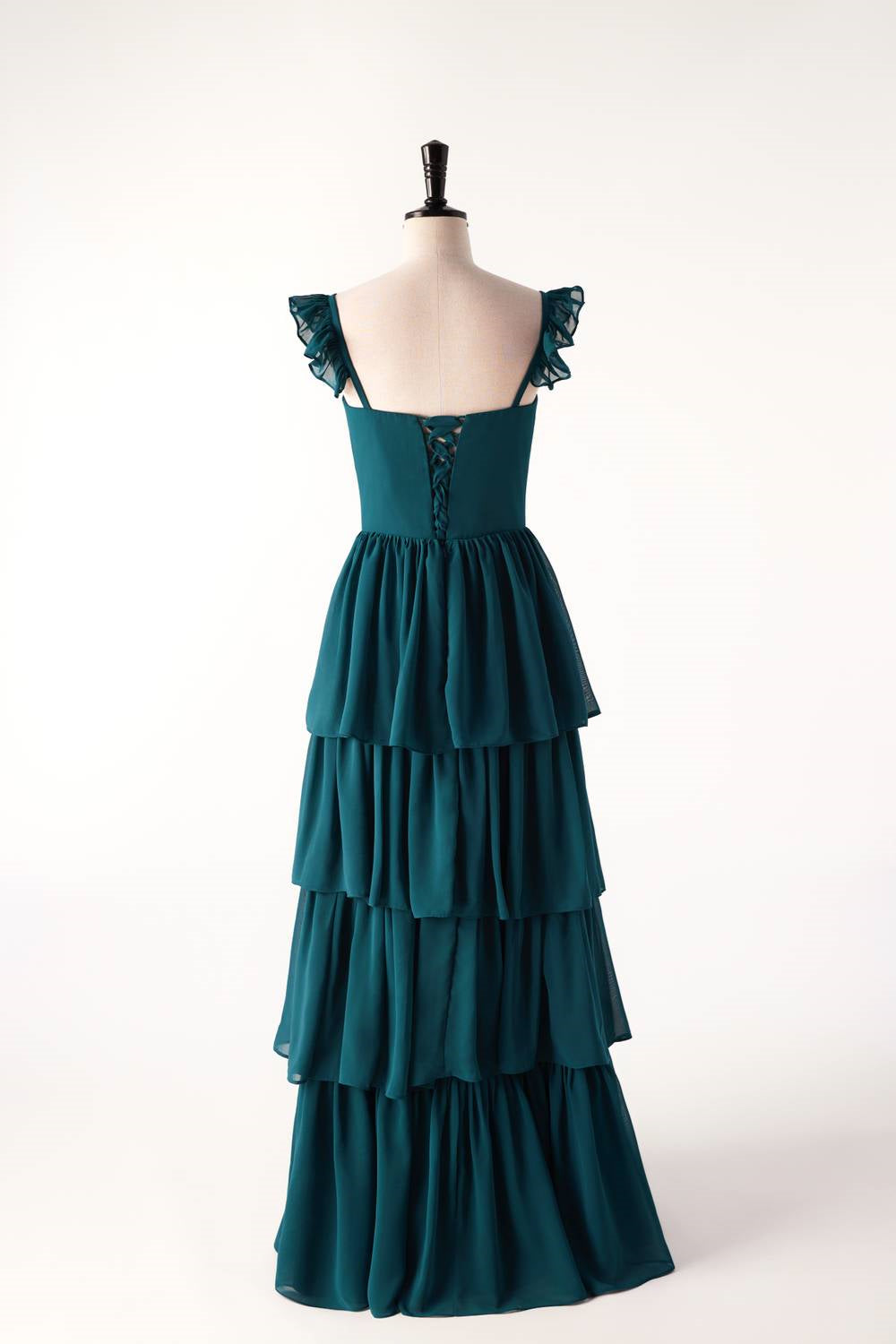 Dark Teal A-line Cap Sleeve Tiered Ball Gown with Slit