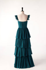 Dark Teal A-line Cap Sleeve Tiered Ball Gown with Slit