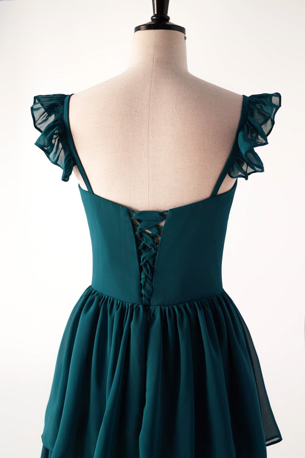 Dark Teal A-line Cap Sleeve Tiered Ball Gown with Slit