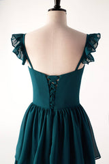 Dark Teal A-line Cap Sleeve Tiered Ball Gown with Slit