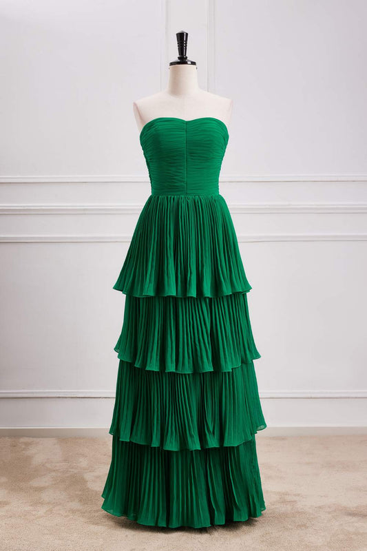 Hunter Green Strapless Layers A-line Long Prom Dress