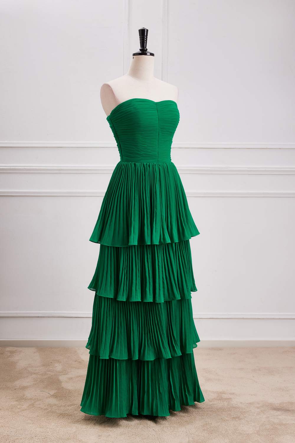 Hunter Green Strapless Layers A-line Long Prom Dress