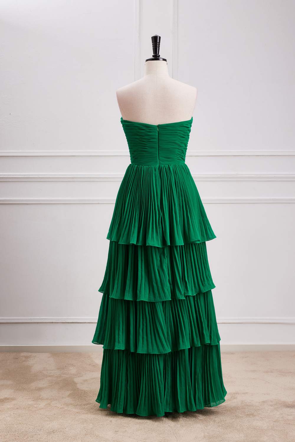 Hunter Green Strapless Layers A-line Long Prom Dress