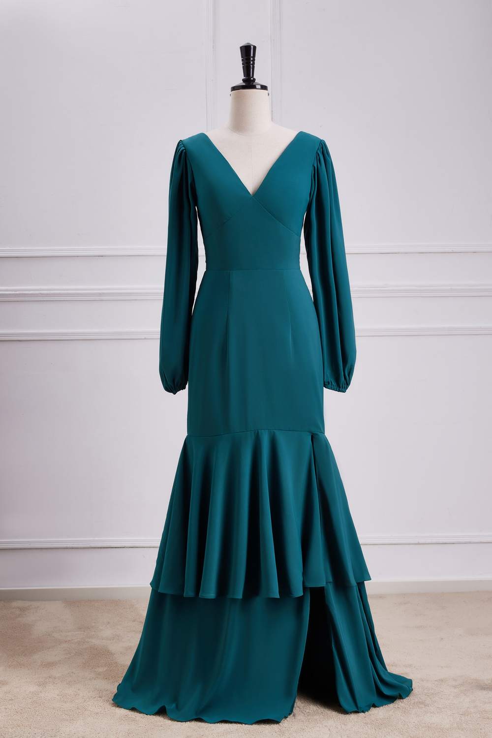 Teal V Neck Long Sleeves Mermaid Layers Long Bridesmaid Dress with Slit