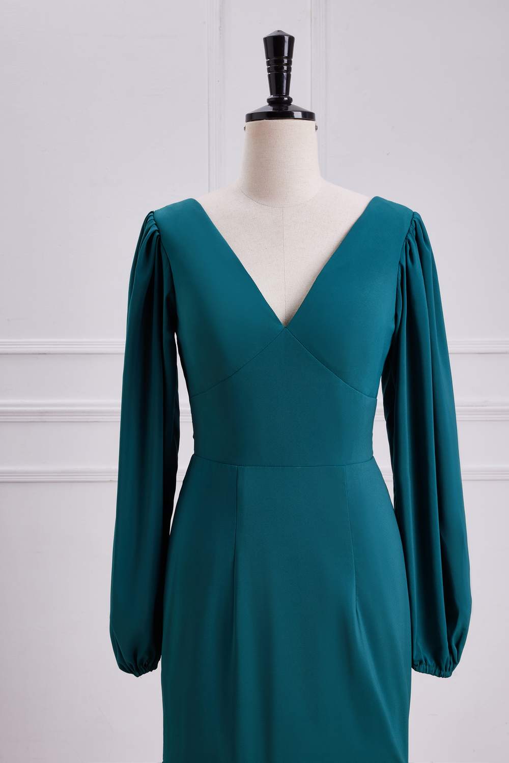 Teal V Neck Long Sleeves Mermaid Layers Long Bridesmaid Dress with Slit