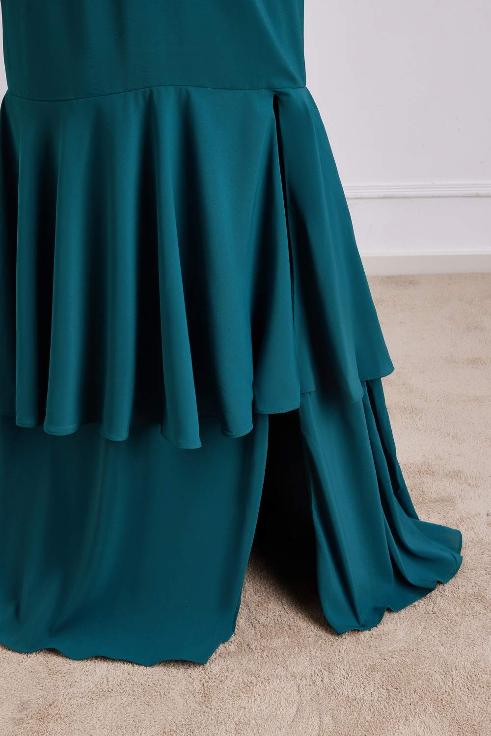 Teal V Neck Long Sleeves Mermaid Layers Long Bridesmaid Dress with Slit