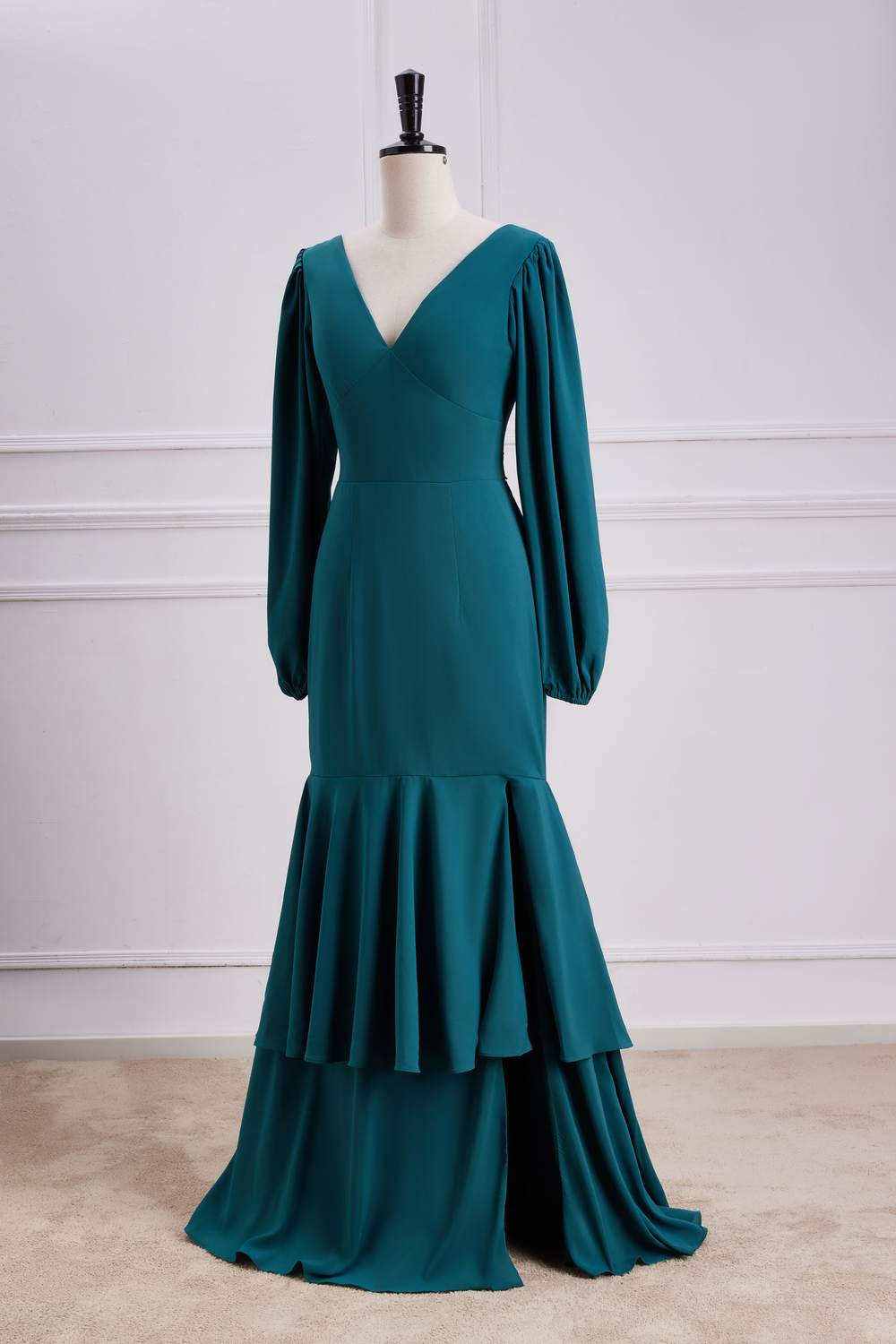 Teal V Neck Long Sleeves Mermaid Layers Long Bridesmaid Dress with Slit