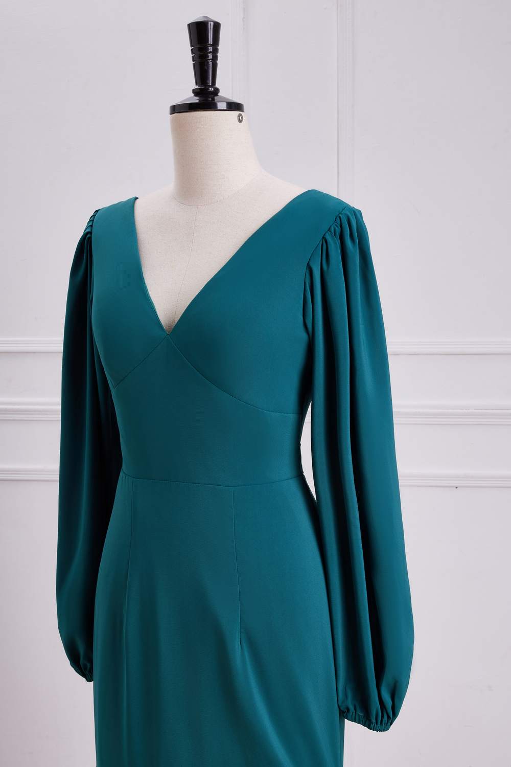 Teal V Neck Long Sleeves Mermaid Layers Long Bridesmaid Dress with Slit