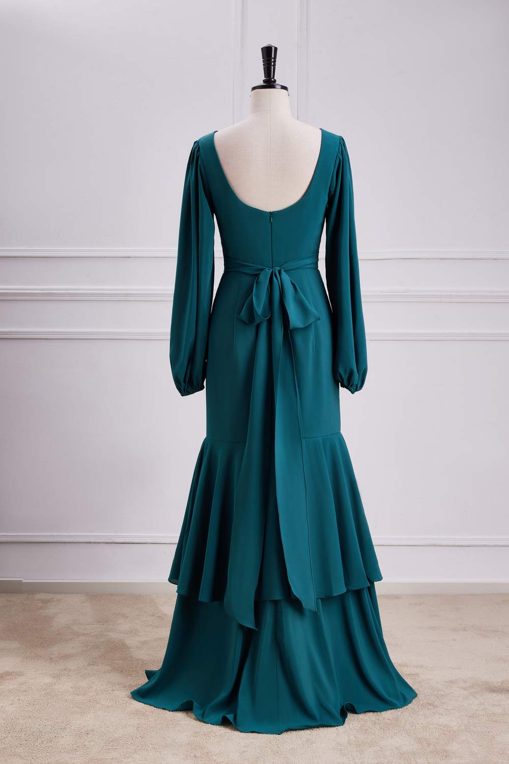 Teal V Neck Long Sleeves Mermaid Layers Long Bridesmaid Dress with Slit