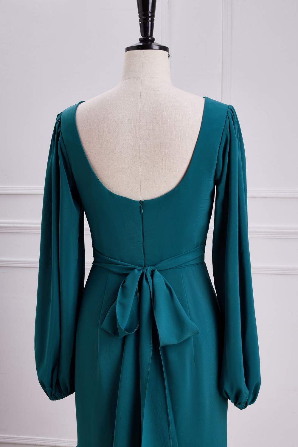 Teal V Neck Long Sleeves Mermaid Layers Long Bridesmaid Dress with Slit