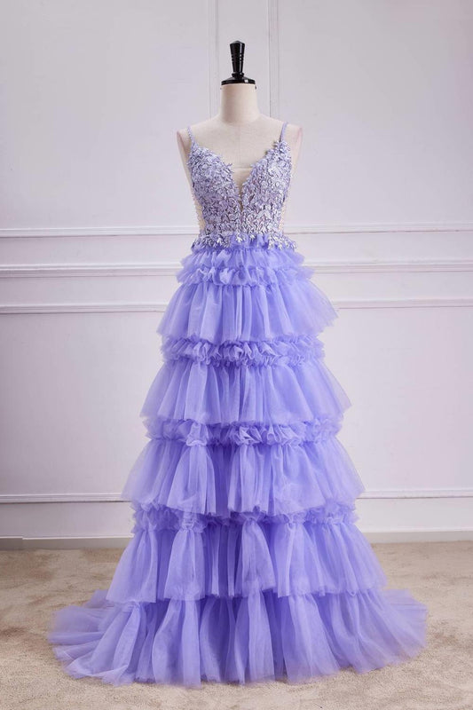 Straps Purple Appliques Ruffle Long Formal Gown