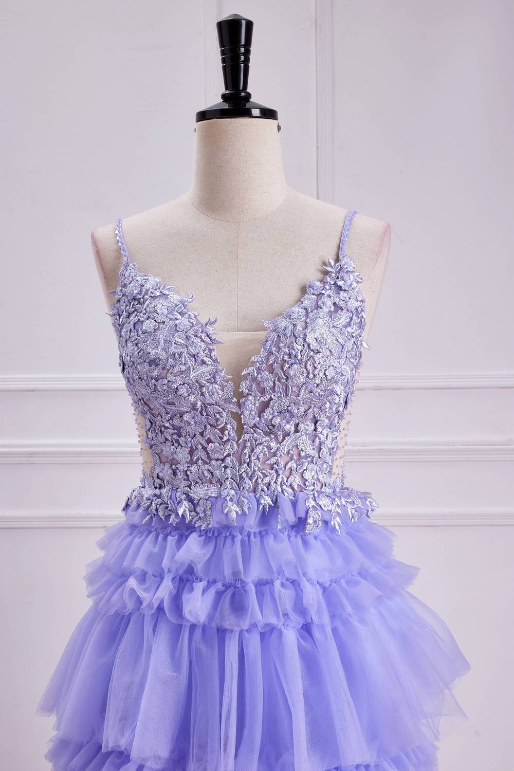 Straps Purple Appliques Ruffle Long Formal Gown