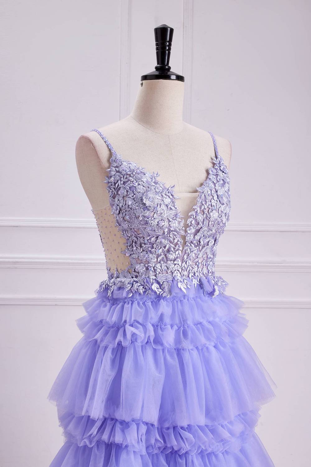 Straps Purple Appliques Ruffle Long Formal Gown