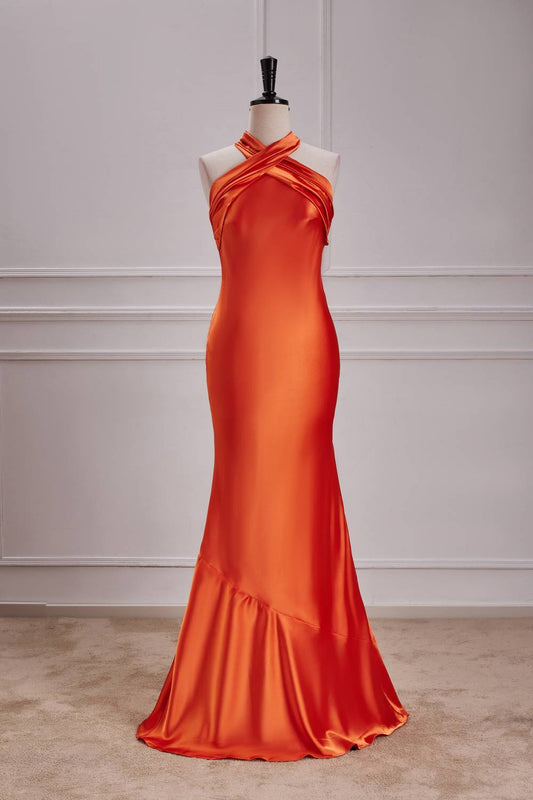 Halter Orange Satin Long Party Dress