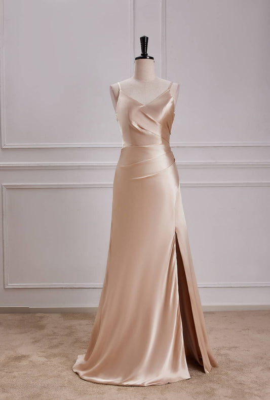 Straps Champagne Satin A-line Long Party Dress