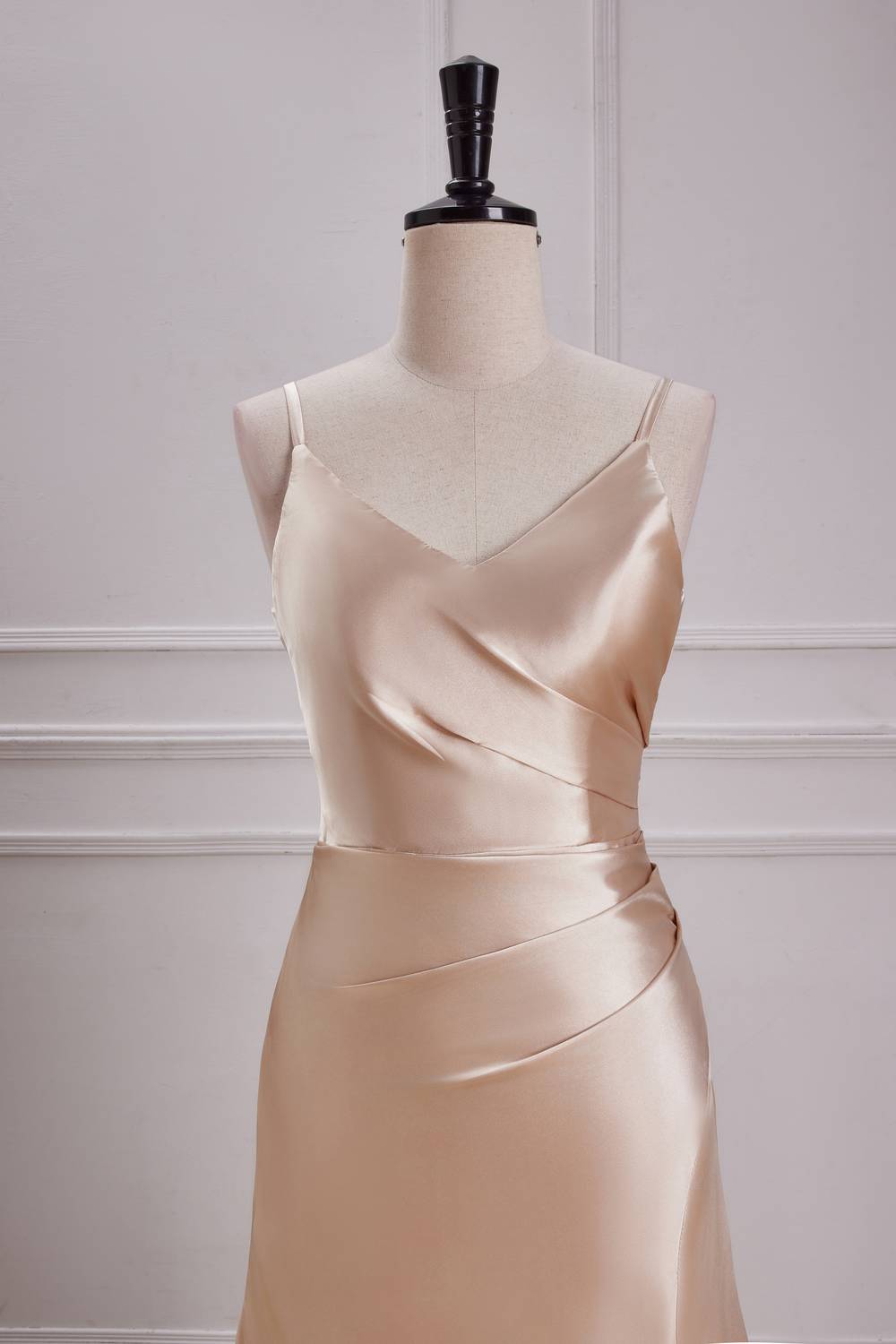 Straps Champagne Satin A-line Long Party Dress