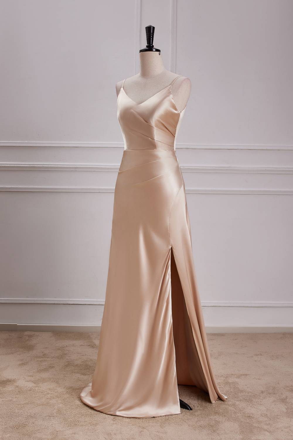 Straps Champagne Satin A-line Long Party Dress