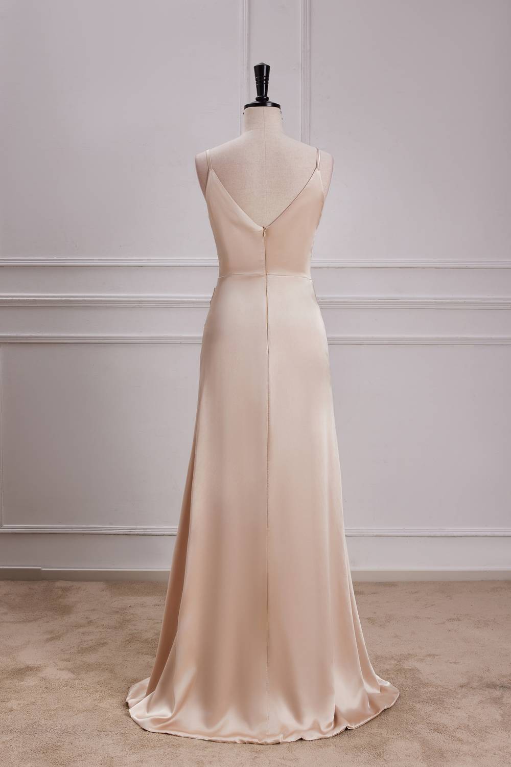 Straps Champagne Satin A-line Long Party Dress