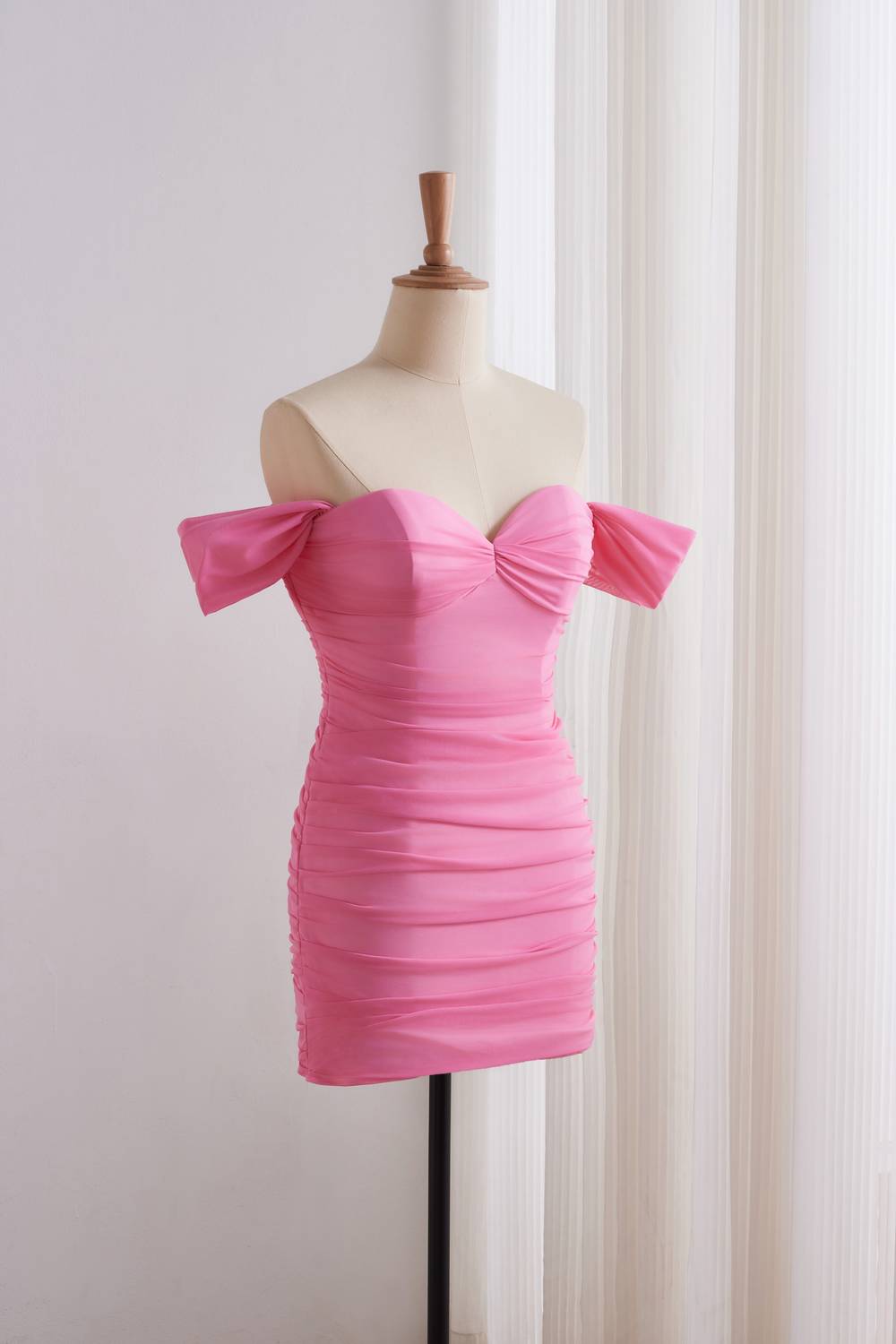 Pink Off-the-shoulder Ruched Fitted Dress