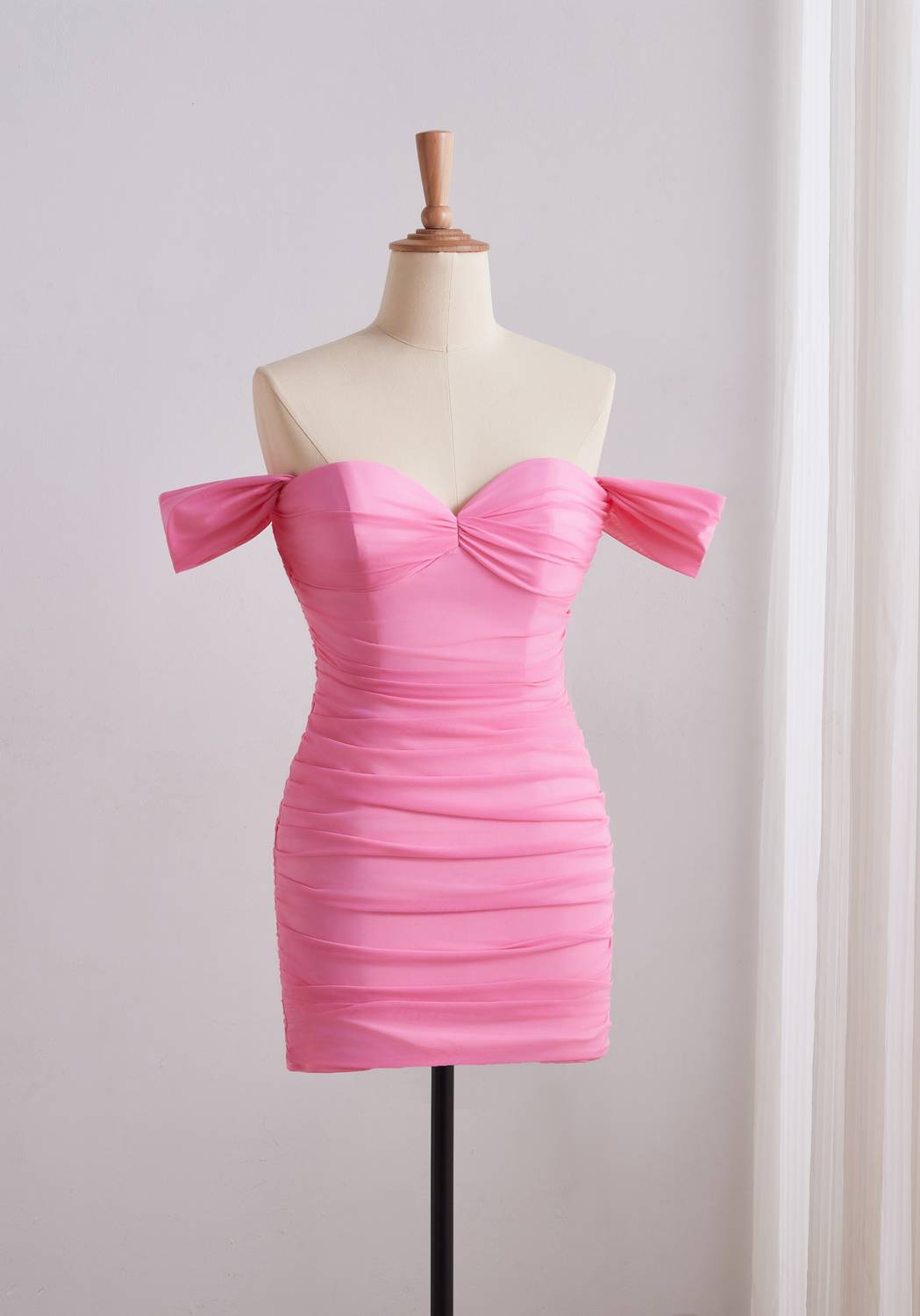 Pink Off-the-shoulder Ruched Fitted Dress