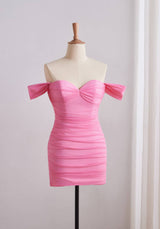 Pink Off-the-shoulder Ruched Fitted Dress