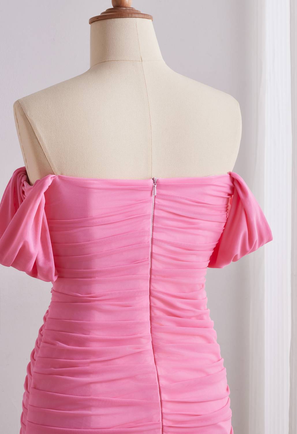 Pink Off-the-shoulder Ruched Fitted Dress