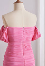 Pink Off-the-shoulder Ruched Fitted Dress