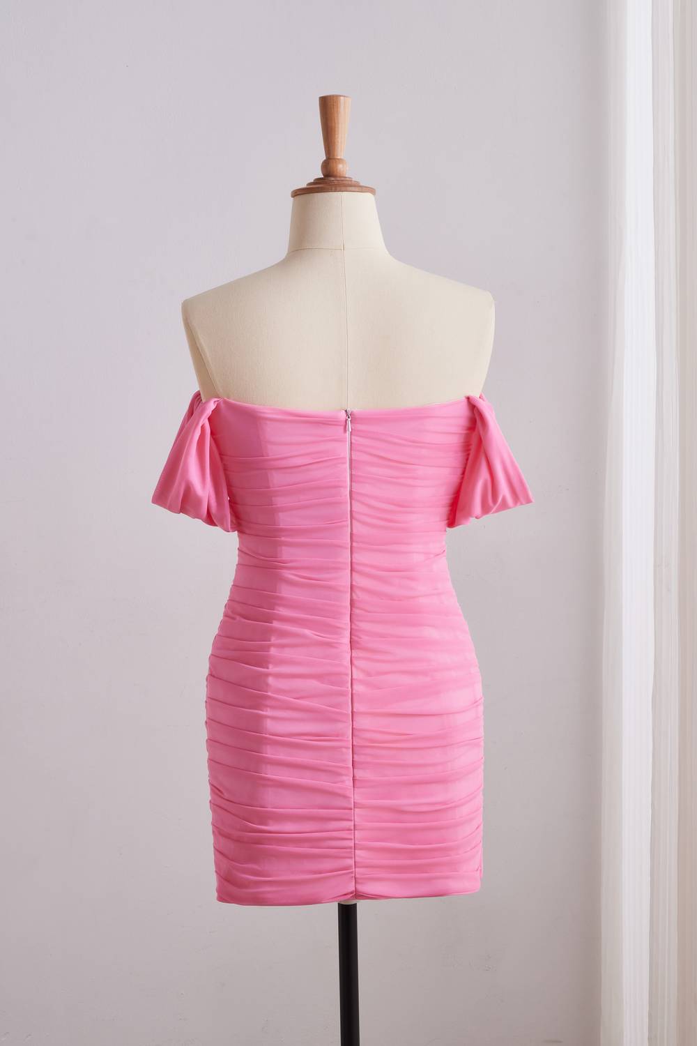 Pink Off-the-shoulder Ruched Fitted Dress