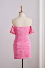 Pink Off-the-shoulder Ruched Fitted Dress