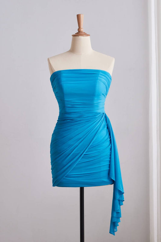 Blue Strapless Ruched Fitted Dress with Shawl