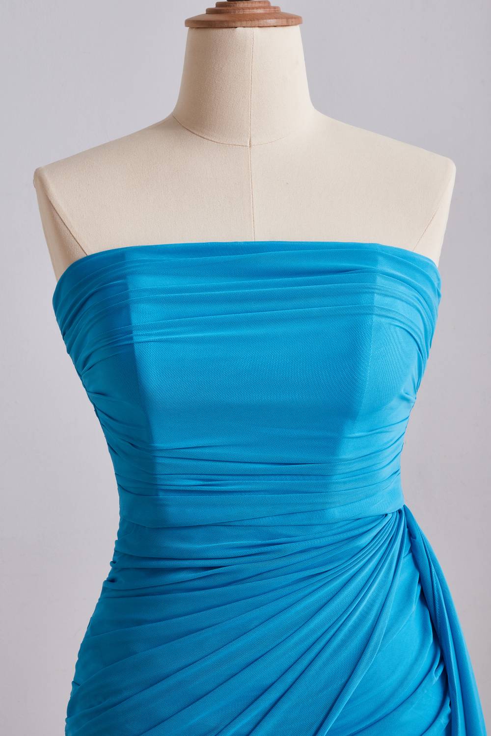 Blue Strapless Ruched Fitted Dress with Shawl