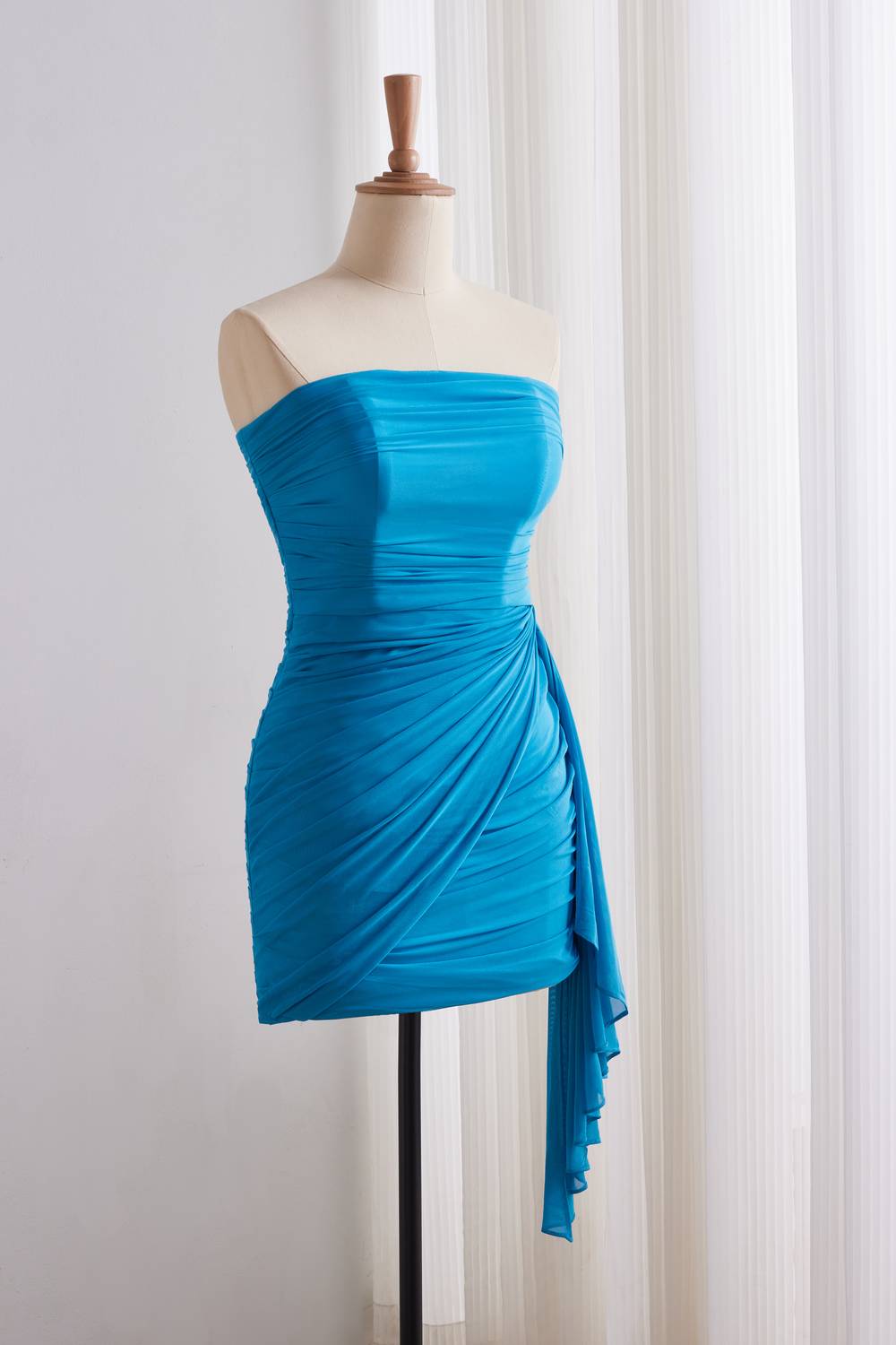 Blue Strapless Ruched Fitted Dress with Shawl