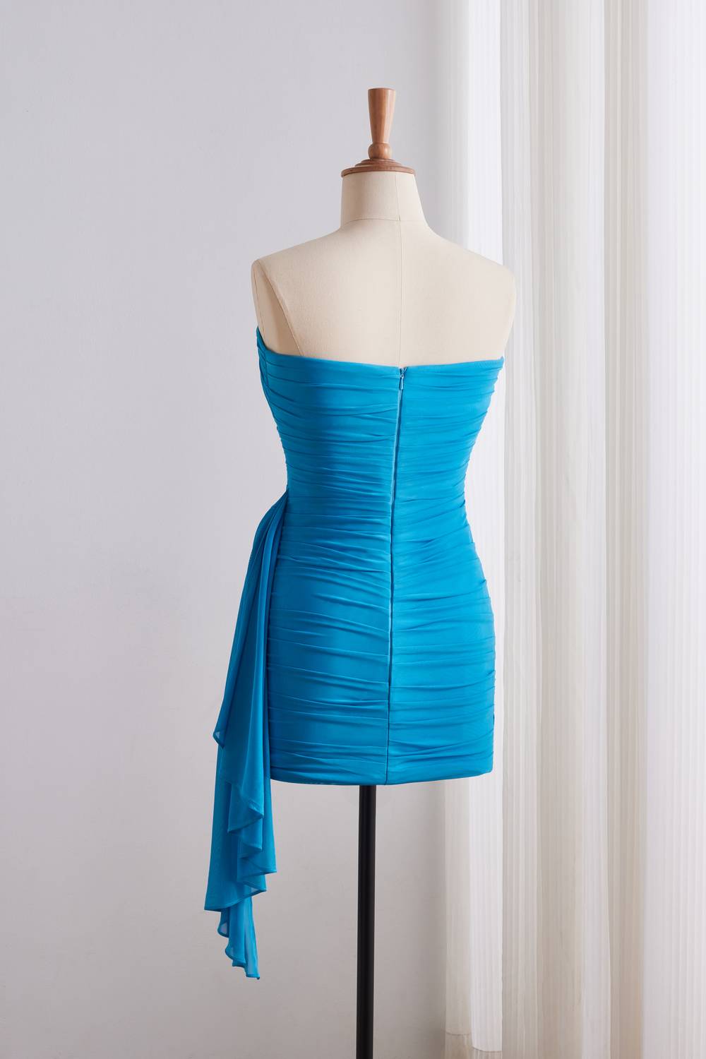 Blue Strapless Ruched Fitted Dress with Shawl