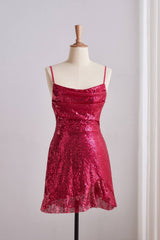 Fuchsia Spaghetti Strap Sequin Lace-up Back Dress