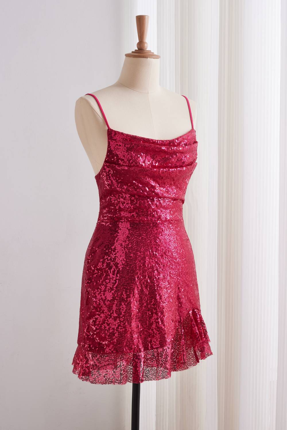 Fuchsia Spaghetti Strap Sequin Lace-up Back Dress
