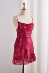 Fuchsia Spaghetti Strap Sequin Lace-up Back Dress